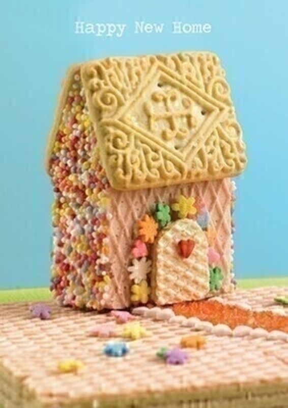 New Home Biscuit House Card by Paper Rose This New Home greetings card from the Art Group shows a cute house made from biscuits and has a roof made from a custard cream. It has Happy New Home written on the front and Hope youll be very happy in your new place written on the inside.  The card is perfect to send to someone who has just moved house and comes with a yellow envelope.